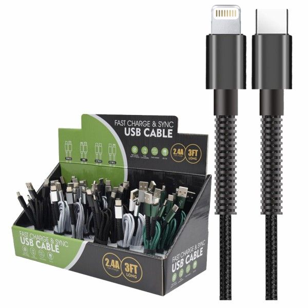 3 FT 2.4A  SYNC Type C TO Lightning Cable (30 pcs Display)