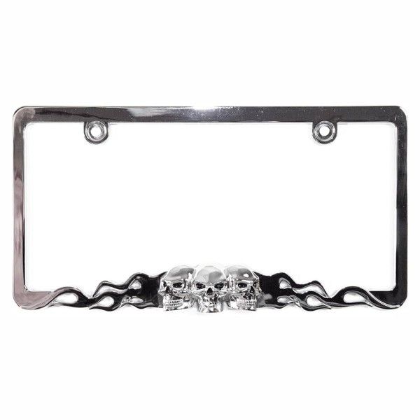 Custom Frames Chrome Metal Skull and Flames License Plate Frame 92812