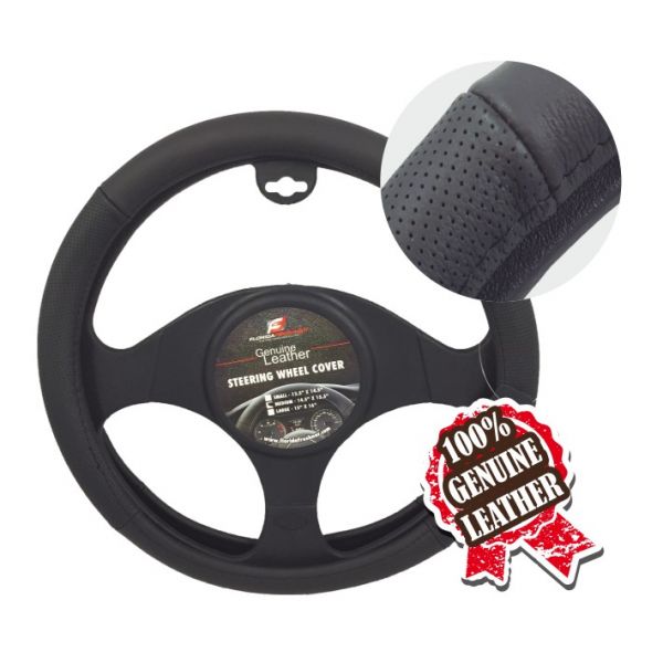 LARGE SIZE PERFORATED BLACK LEATHER STEERING WHEEL COVER