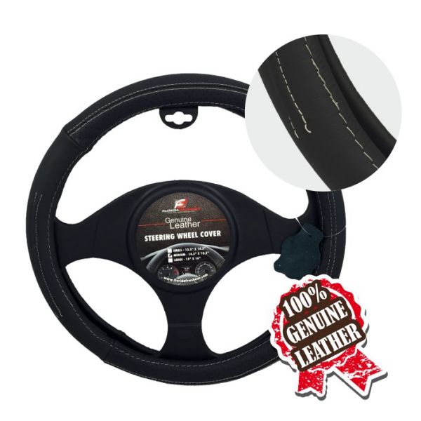 LARGE SIZE BLACK W/WHITE STITCHING LEATHER STEERING WHEEL COVER