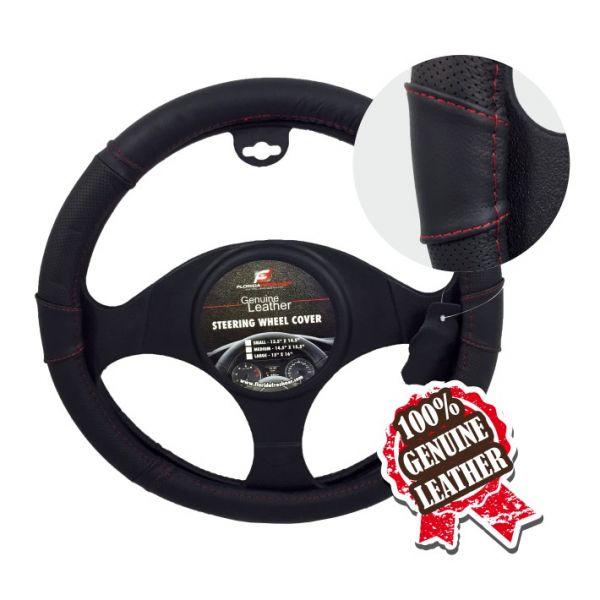 BLACK W/RED STITCHING  LEATHER STEERING WHEEL COVER