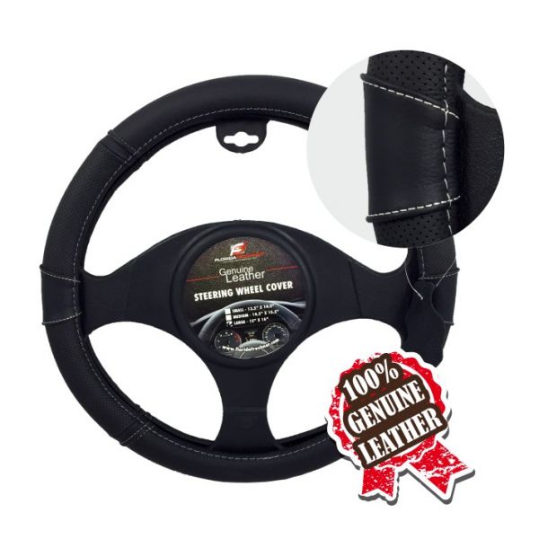 BLACK W/WHITE STITCHING  LEATHER STEERING WHEEL COVER