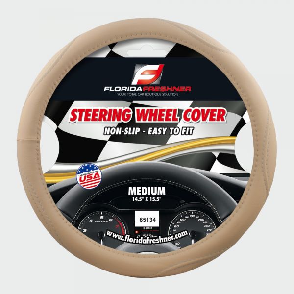 STEERING WHEEL COVER EMBOSSED BEIGE / WHITE  STITCHING