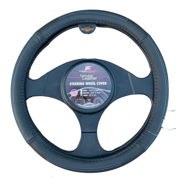BLACK W/BLUE STITCHING  LEATHER STEERING WHEEL COVER