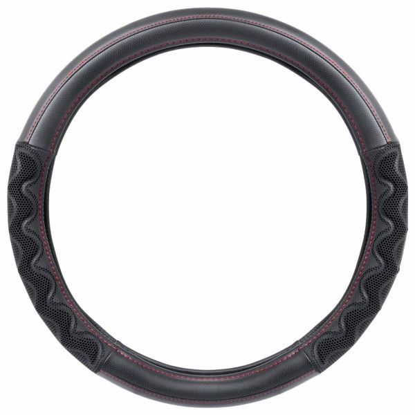 Motor Trend PU Leather Steering Wheel Cover – Black/Wine Red – Dotted Fabric & Ergonomic