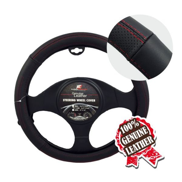 LARGE SIZE BLACK W/RED STITCHING LEATHER STEERING WHEEL COVER